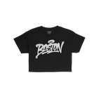 Boston Handstyle Women's Baby Tee featuring the word Boston in white graffiti script with a halo detail, capturing the city's