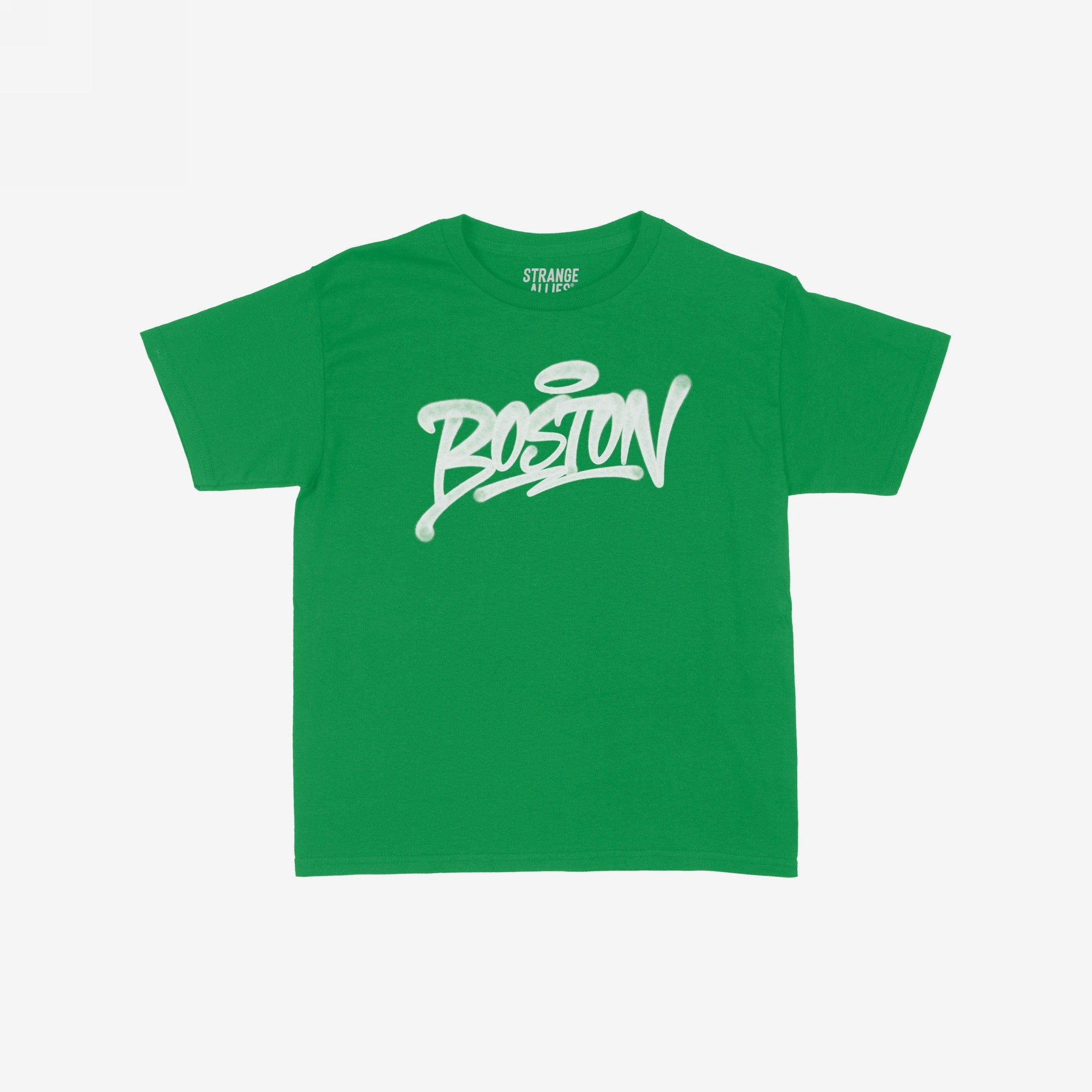 The Boston Handstyle Women's Baby Tee features “Boston” in white graffiti script on a bright green T-shirt, embodying the city's bold energy and rebellious spirit with a touch of urban flair.
