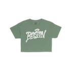 The Boston Handstyle Women's Baby Tee features “Boston” in white graffiti script on a bright green T-shirt, embodying the