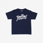 Boston Handstyle Women's Baby Tee showcases bold graffiti-style script Boston in white across the navy-blue fabric, embodying the city's energetic spirit, perfect for sports events and authentic Boston vibes.