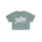 Boston Handstyle Women's Baby Tee showcases bold graffiti-style script Boston in white across the navy-blue fabric, embodying