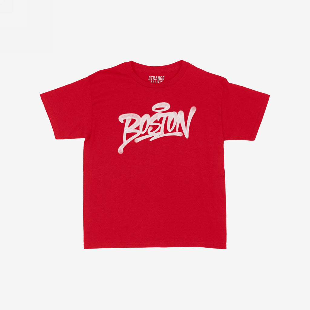 Boston Handstyle Women's Baby Tee featuring a bold graffiti-style “BOSTON” graphic with a halo on a red crew-neck T-shirt, embodying the city's vibrant, unapologetic spirit.