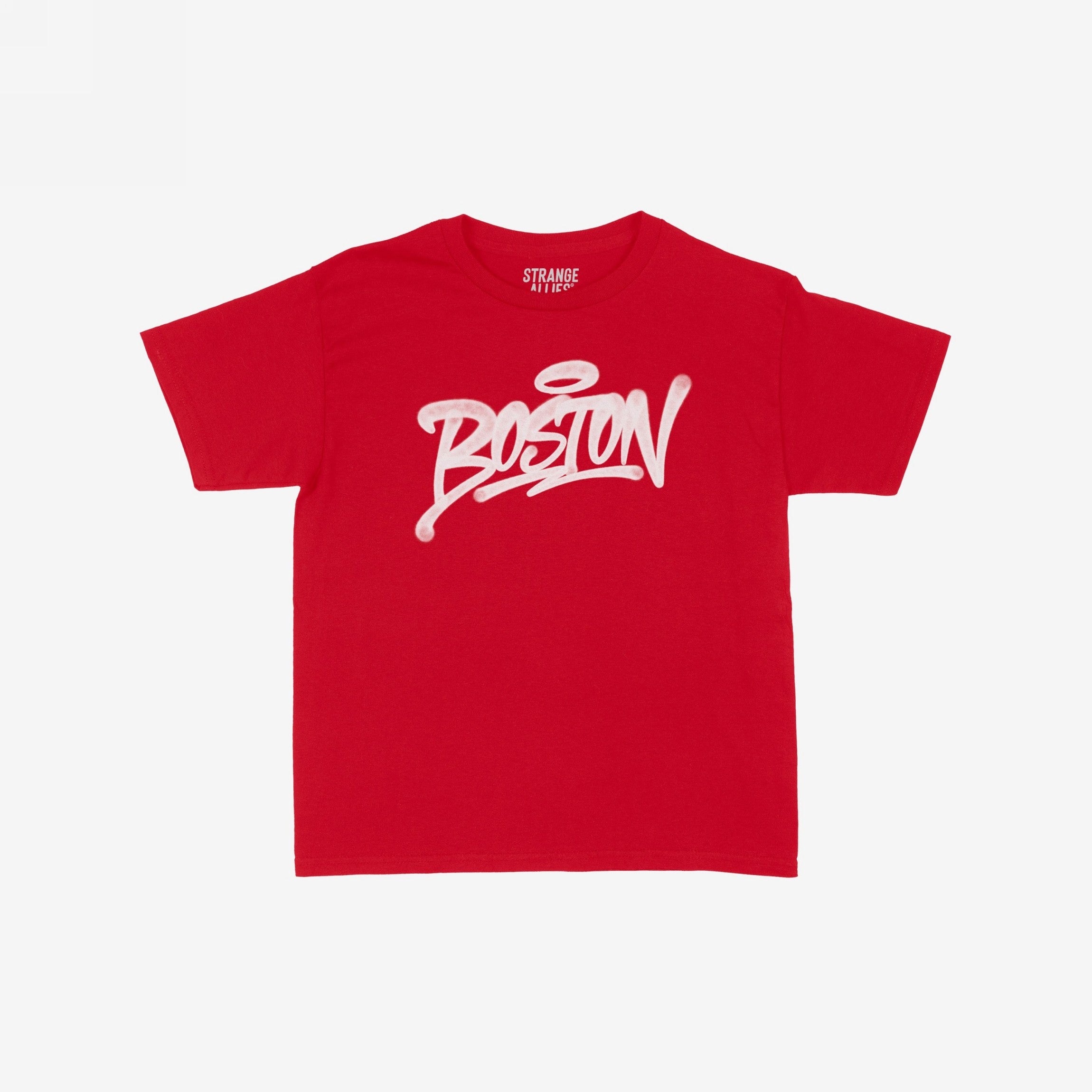 Boston Handstyle Women's Baby Tee featuring a bold graffiti-style “BOSTON” graphic with a halo on a red crew-neck T-shirt, embodying the city's vibrant, unapologetic spirit.