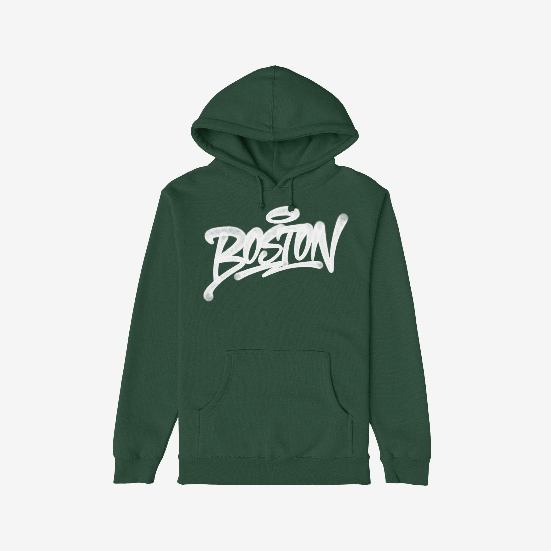 Boston Handstyle Hoodie showcases a dark green pullover with a kangaroo pocket and bold white graffiti-style BOSTON script across the chest, embodying the city's unapologetic attitude and spirit.