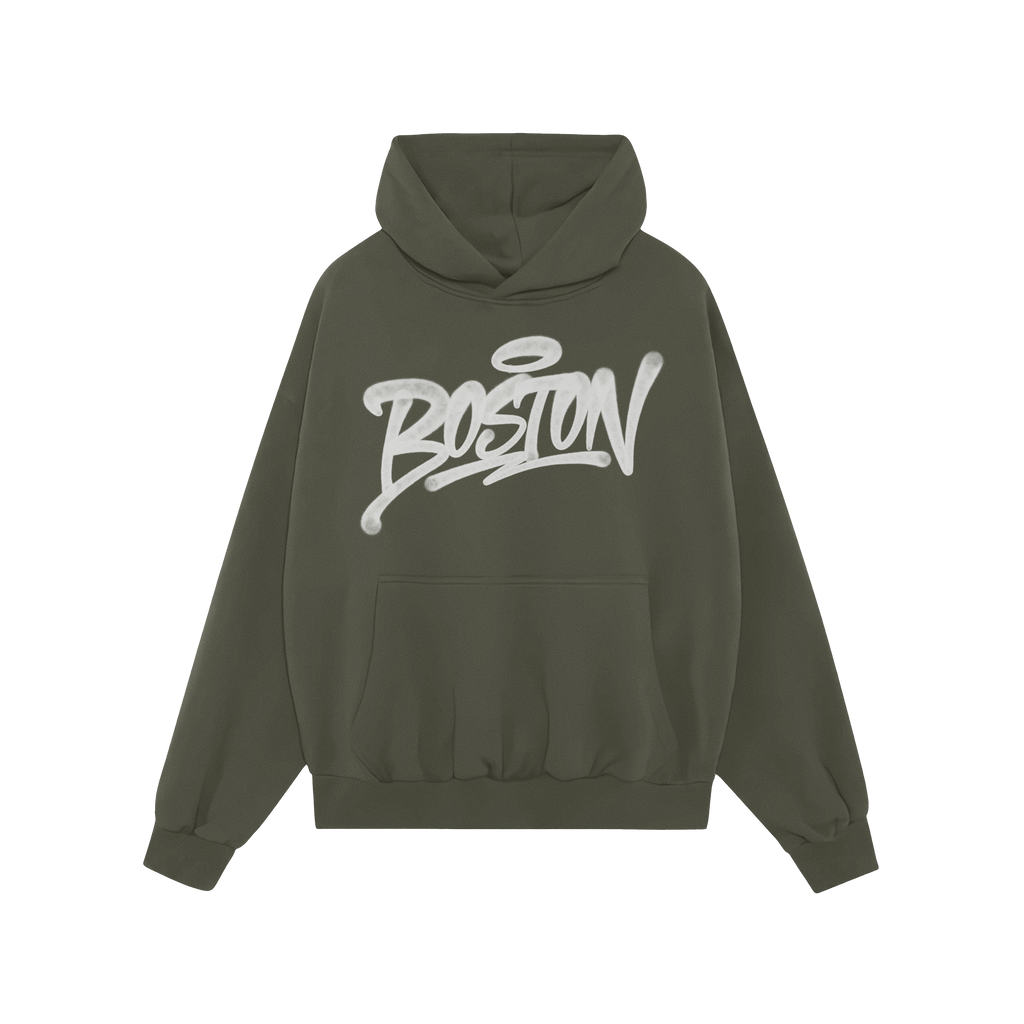 Boston Handstyle Hoodie showcases a dark green pullover with a kangaroo pocket and bold white graffiti-style BOSTON script ac