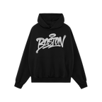 Boston Handstyle Hoodie & Sweatshirt features a black pullover hoodie with a white graffiti-style BOSTON script, front kangar