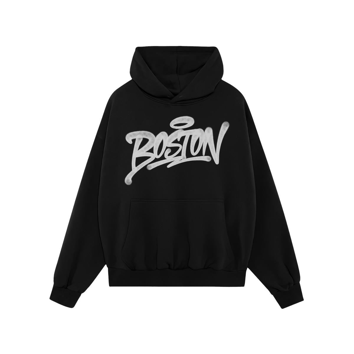 Boston Handstyle Hoodie & Sweatshirt features a black pullover hoodie with a white graffiti-style BOSTON script, front kangar