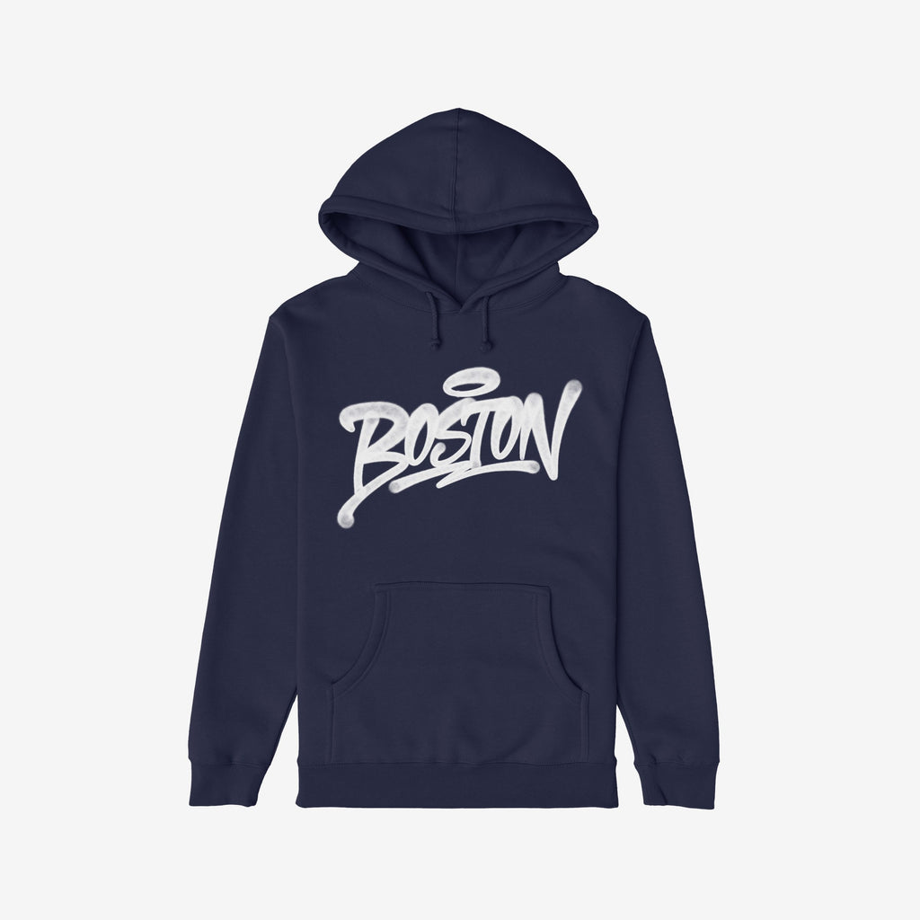 Navy-blue Boston Handstyle Hoodie with kangaroo pocket, featuring bold white graffiti-style script across the chest, embodying the city's resilient spirit. Perfect for layering in cooler weather.