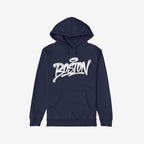 Navy-blue Boston Handstyle Hoodie with kangaroo pocket, featuring bold white graffiti-style script across the chest, embodying the city's resilient spirit. Perfect for layering in cooler weather.