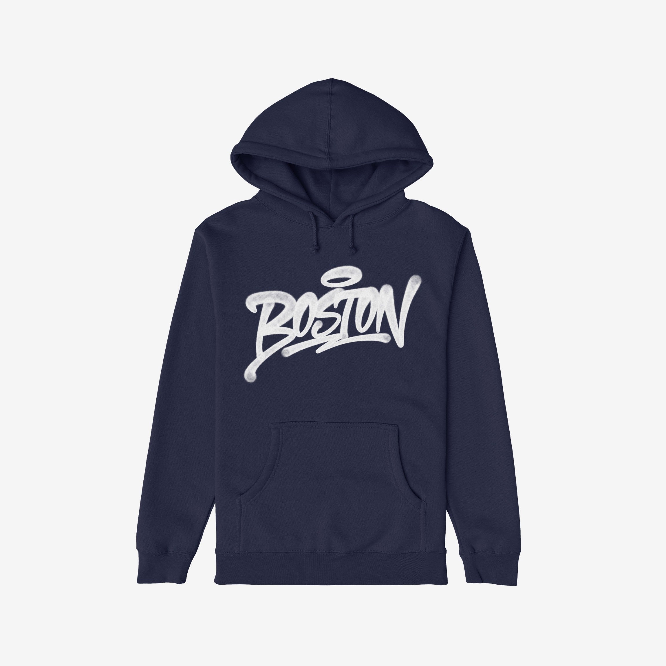 Navy-blue Boston Handstyle Hoodie with kangaroo pocket, featuring bold white graffiti-style script across the chest, embodying the city's resilient spirit. Perfect for layering in cooler weather.