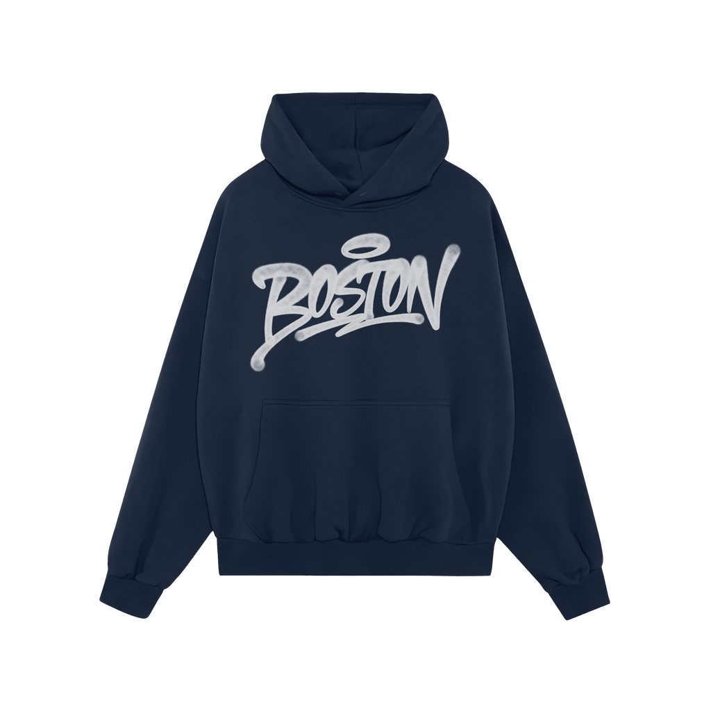 Navy-blue Boston Handstyle Hoodie with kangaroo pocket, featuring bold white graffiti-style script across the chest, embodyin