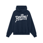 Navy-blue Boston Handstyle Hoodie with kangaroo pocket, featuring bold white graffiti-style script across the chest, embodyin