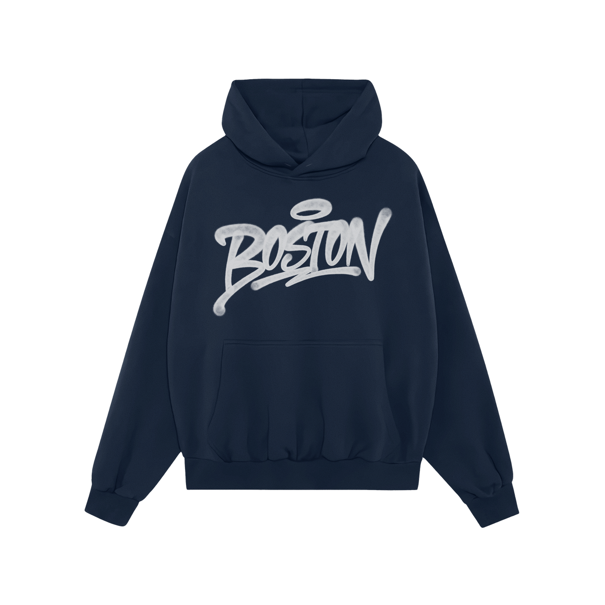 Navy-blue Boston Handstyle Hoodie with kangaroo pocket, featuring bold white graffiti-style script across the chest, embodyin