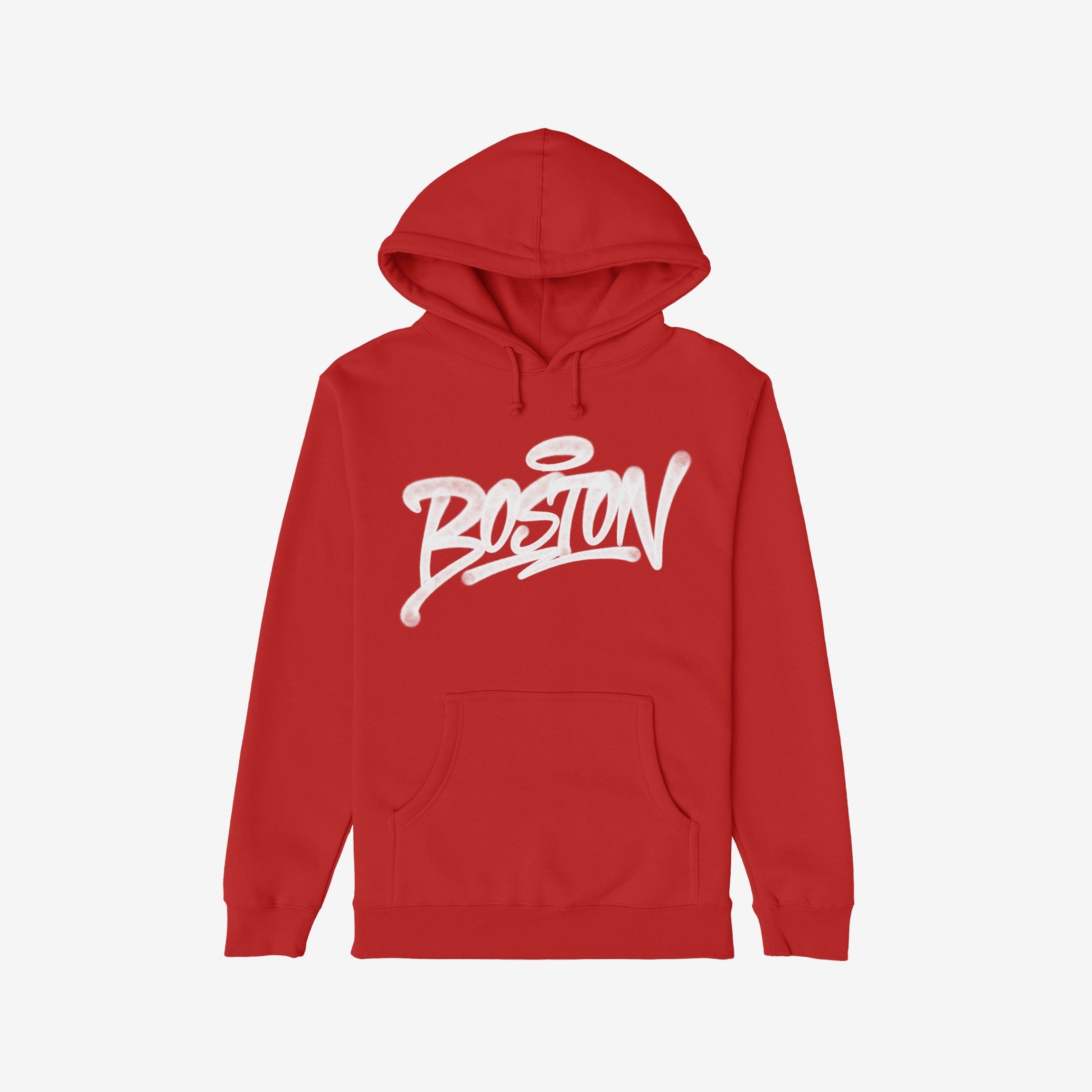 Boston Handstyle Hoodie features a red pullover with a kangaroo pocket and hood drawstrings. BOSTON in white graffiti script with a halo accent showcases bold city pride.