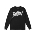 Black long-sleeve crewneck shirt featuring BOSTON in bold graffiti style across the chest, embodying a rebellious spirit. Par