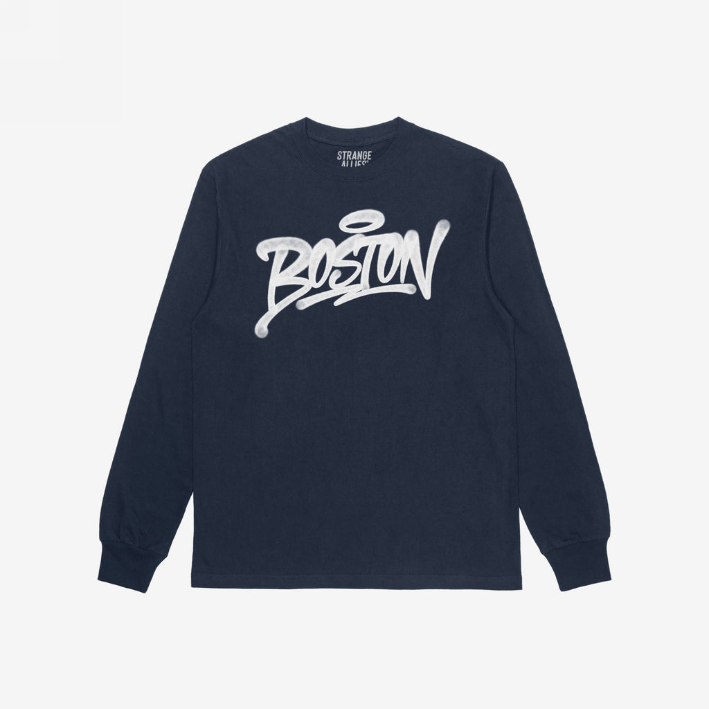 Boston Handstyle T-shirt features navy-blue, long sleeves with BOSTON in bold, white graffiti lettering across the chest, embodying an authentic, non-touristy city pride.