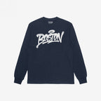Boston Handstyle T-shirt features navy-blue, long sleeves with BOSTON in bold, white graffiti lettering across the chest, embodying an authentic, non-touristy city pride.