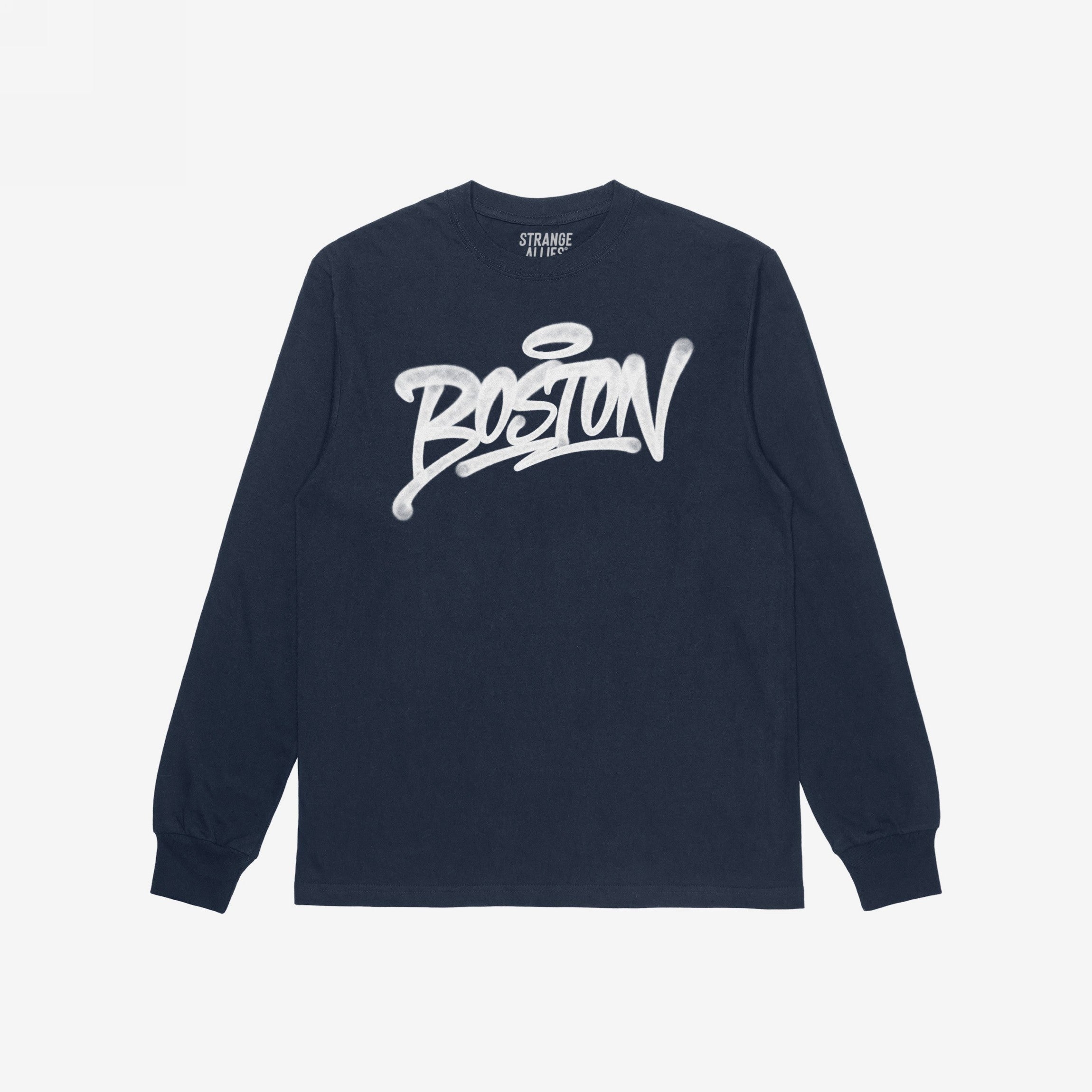 Boston Handstyle T-shirt features navy-blue, long sleeves with BOSTON in bold, white graffiti lettering across the chest, embodying an authentic, non-touristy city pride.