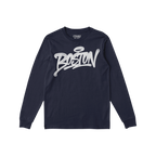 Boston Handstyle T-shirt features navy-blue, long sleeves with BOSTON in bold, white graffiti lettering across the chest, emb