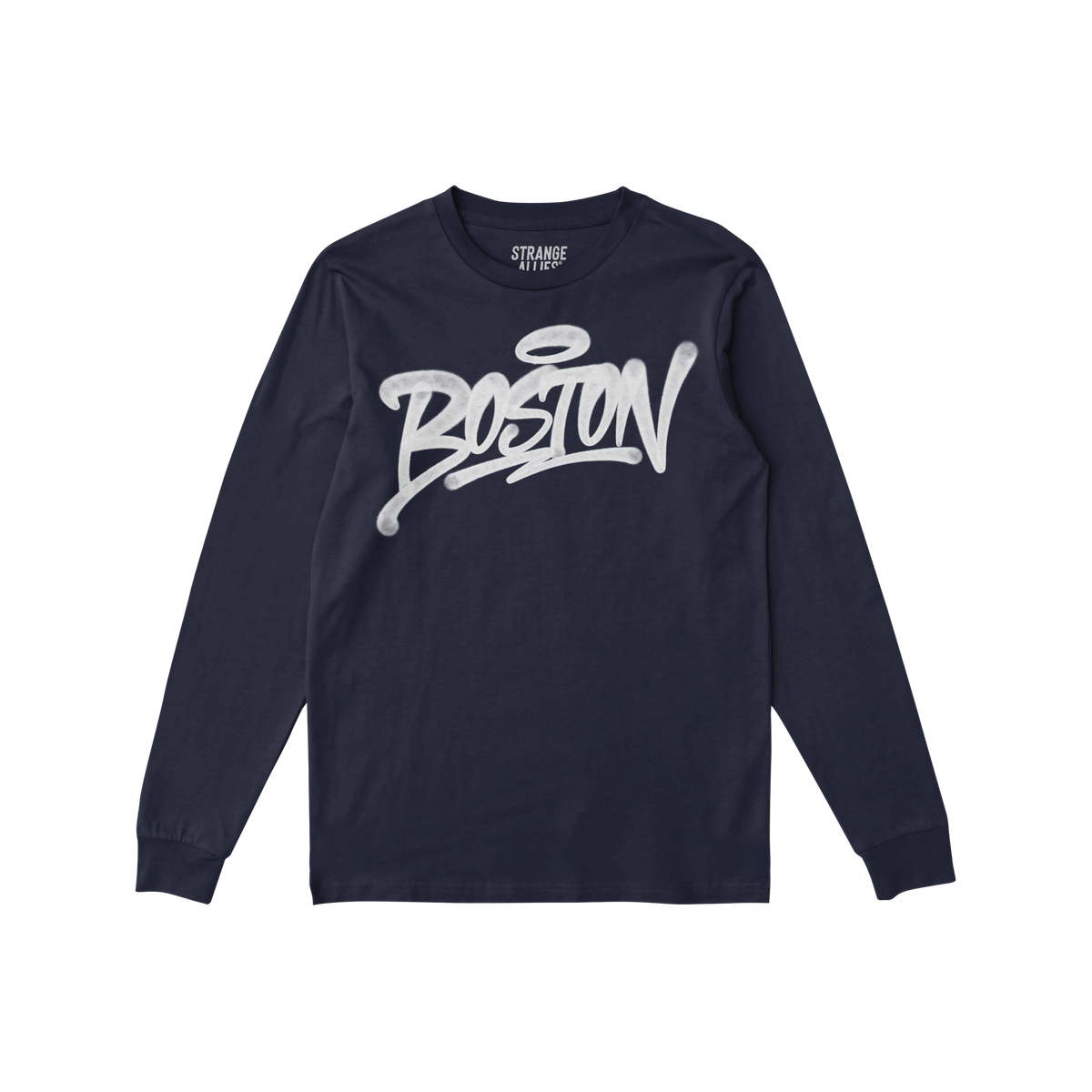 Boston Handstyle T-shirt features navy-blue, long sleeves with BOSTON in bold, white graffiti lettering across the chest, emb