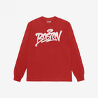 Boston Handstyle T-shirt: Solid red, long-sleeve crewneck with Boston in white graffiti script across the chest, embodying bold city pride and artistic expression. Brand name STRANGE ALLIES visible inside collar.