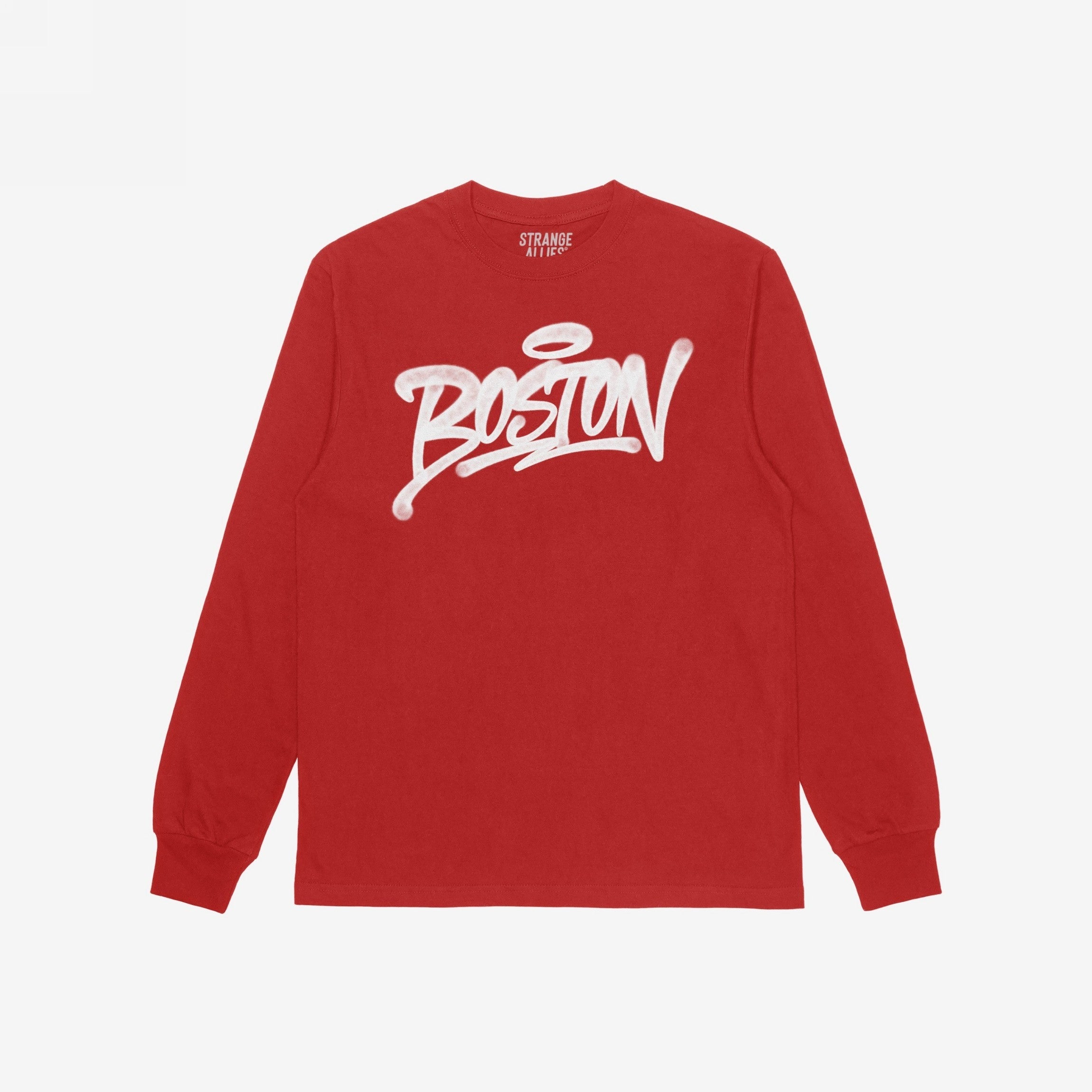 Boston Handstyle T-shirt: Solid red, long-sleeve crewneck with Boston in white graffiti script across the chest, embodying bold city pride and artistic expression. Brand name STRANGE ALLIES visible inside collar.