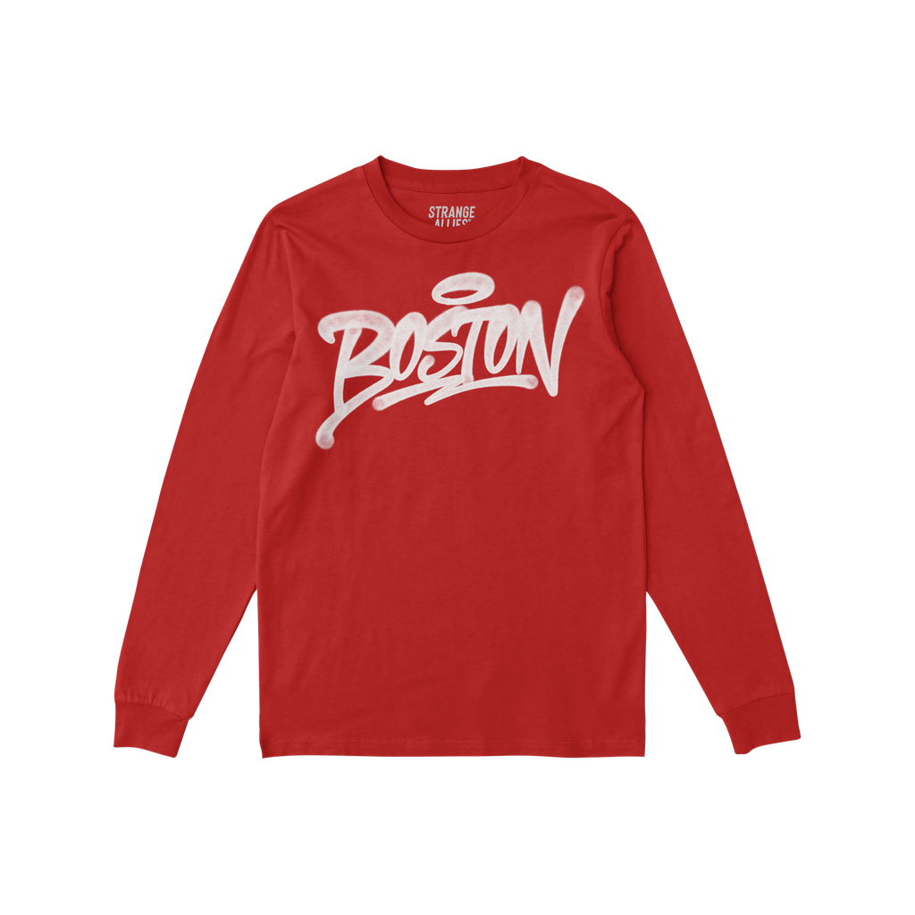 Boston Handstyle T-shirt: Solid red, long-sleeve crewneck with Boston in white graffiti script across the chest, embodying bo