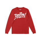 Boston Handstyle T-shirt: Solid red, long-sleeve crewneck with Boston in white graffiti script across the chest, embodying bo