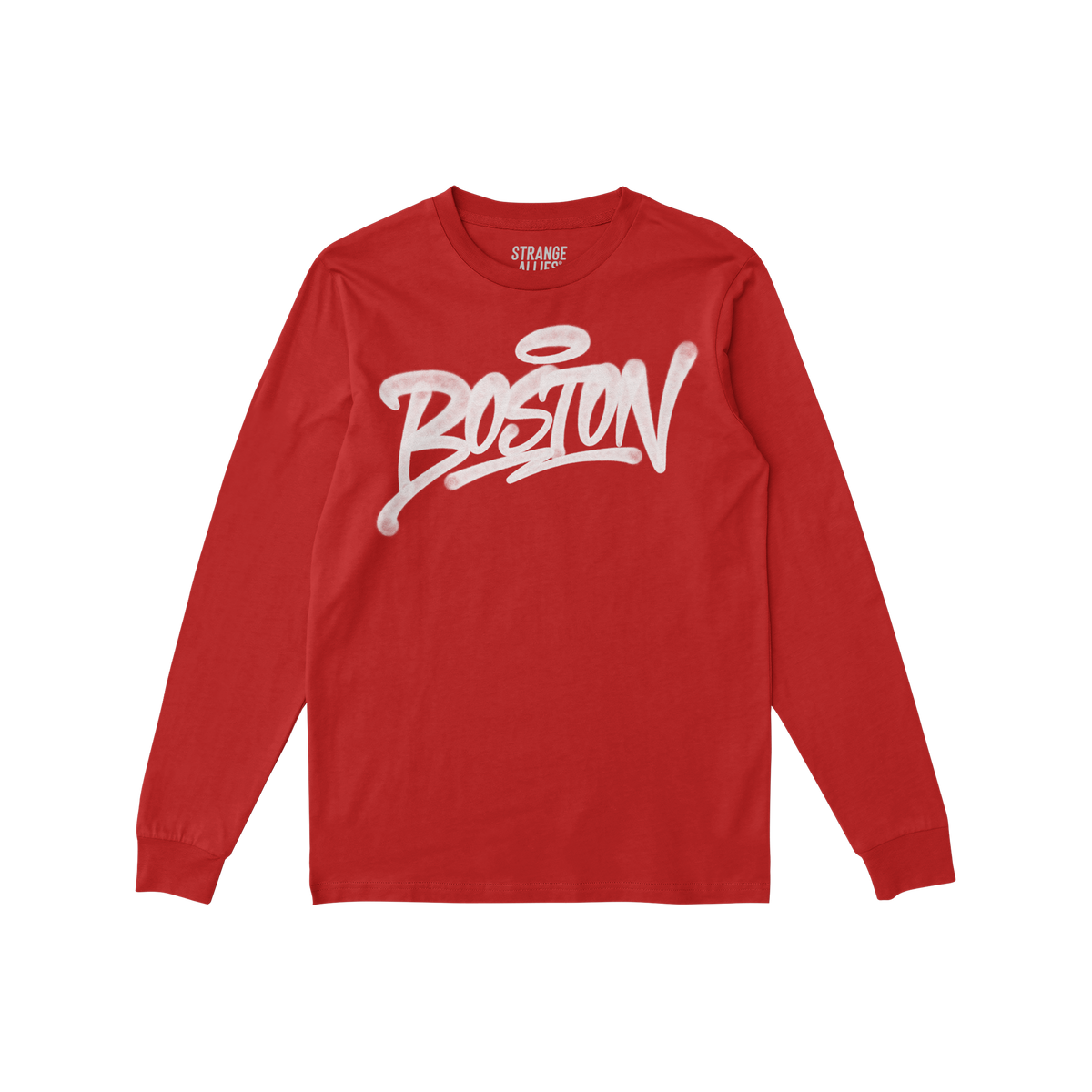 Boston Handstyle T-shirt: Solid red, long-sleeve crewneck with Boston in white graffiti script across the chest, embodying bo