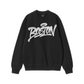 Black crew-neck sweatshirt featuring a white graffiti-style Boston logo. Interior neck label reads “ALLIES.” The Boston H