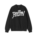 Black crew-neck sweatshirt featuring a white graffiti-style Boston logo. Interior neck label reads “ALLIES.” The Boston H