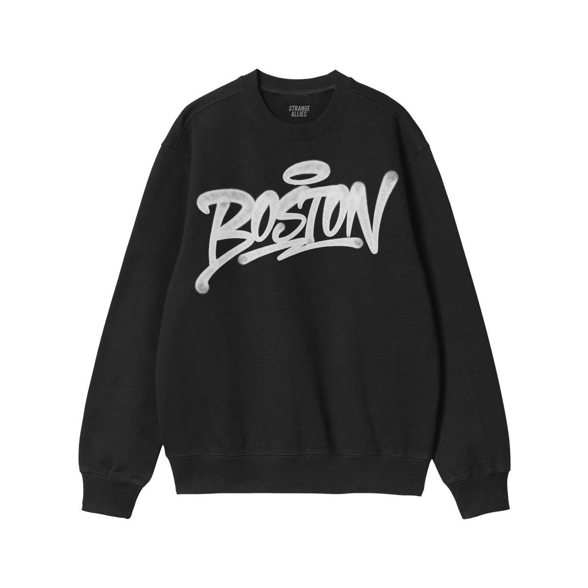 Black crew-neck sweatshirt featuring a white graffiti-style Boston logo. Interior neck label reads “ALLIES.” The Boston H