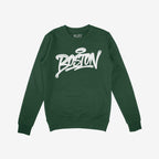 Dark-green Boston Handstyle Crewneck Sweatshirt featuring graffiti-style Boston script, ribbed cuffs, and hem. Aligns with inclusive and bold urban style, embodying city pride and resilience.