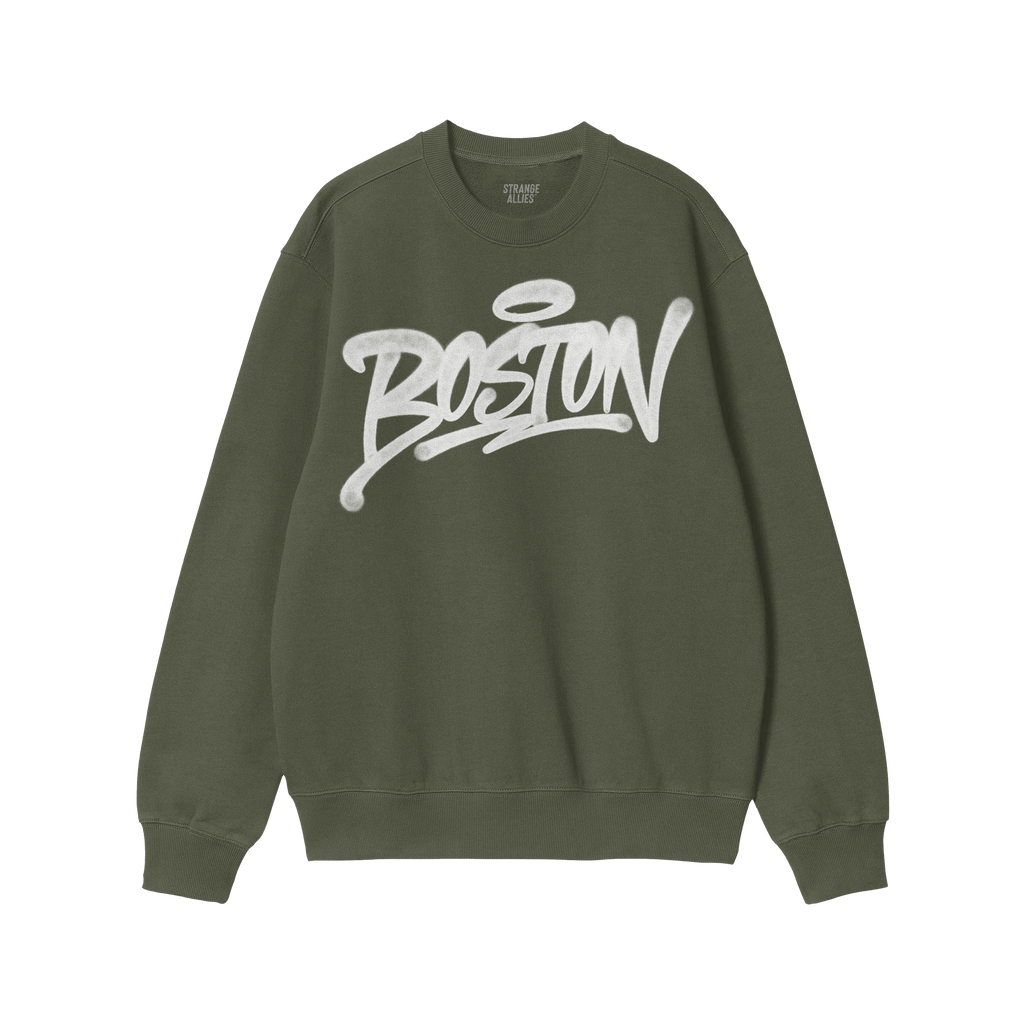 Dark-green Boston Handstyle Crewneck Sweatshirt featuring graffiti-style Boston script, ribbed cuffs, and hem. Aligns with in