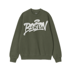 Dark-green Boston Handstyle Crewneck Sweatshirt featuring graffiti-style Boston script, ribbed cuffs, and hem. Aligns with in