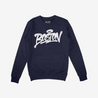 Navy-blue Boston Handstyle Sweatshirt featuring a graffiti-style white BOSTON with a halo over the O, embodying urban attitude and ideal for expressing city pride year-round.