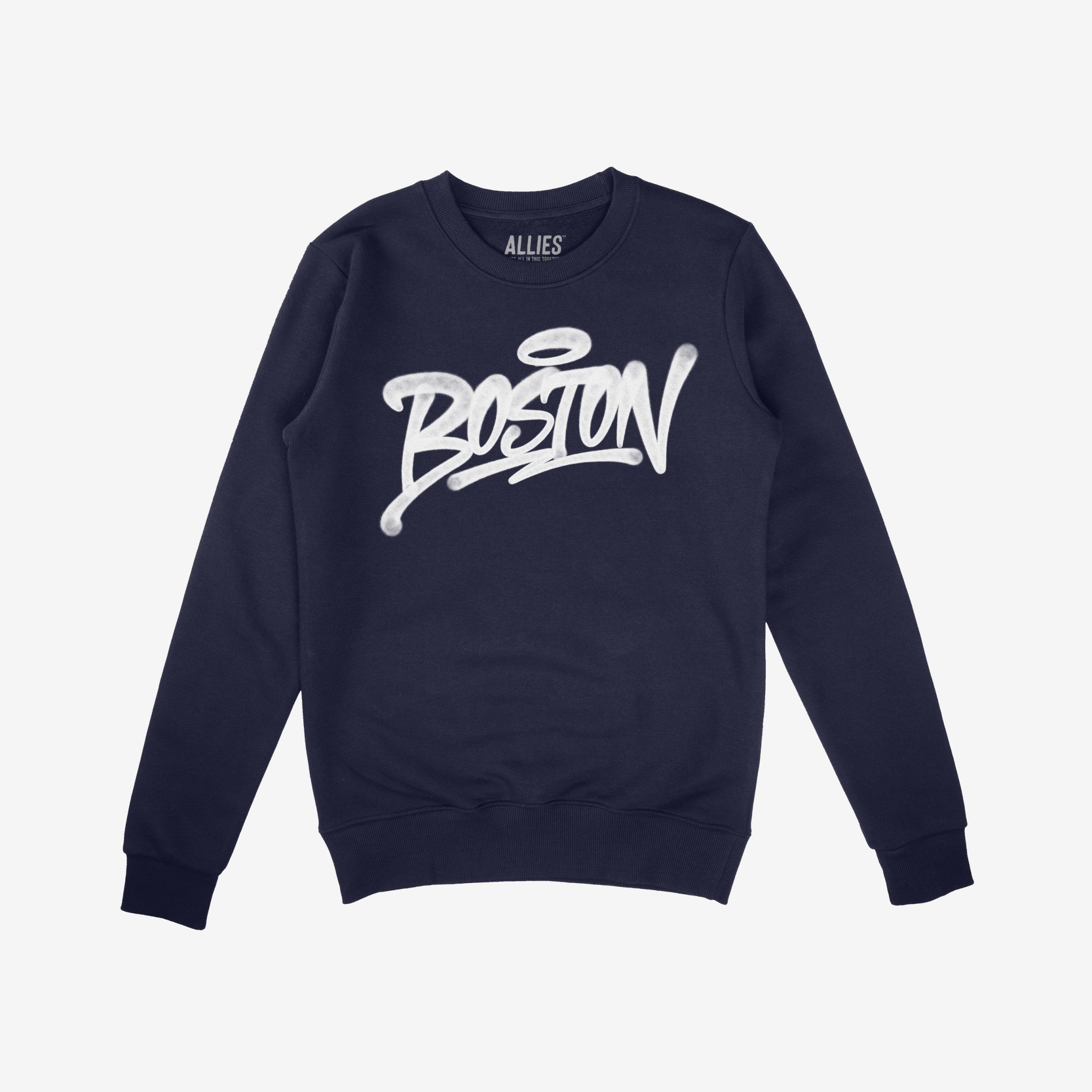 Navy-blue Boston Handstyle Sweatshirt featuring a graffiti-style white BOSTON with a halo over the O, embodying urban attitude and ideal for expressing city pride year-round.