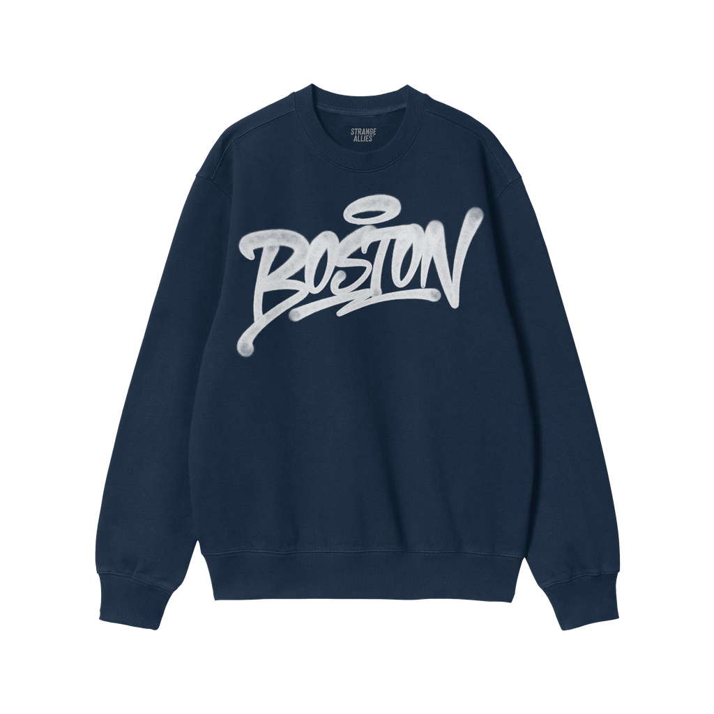 Navy-blue Boston Handstyle Sweatshirt featuring a graffiti-style white BOSTON with a halo over the O, embodying urban attitud