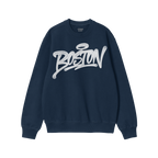 Navy-blue Boston Handstyle Sweatshirt featuring a graffiti-style white BOSTON with a halo over the O, embodying urban attitud