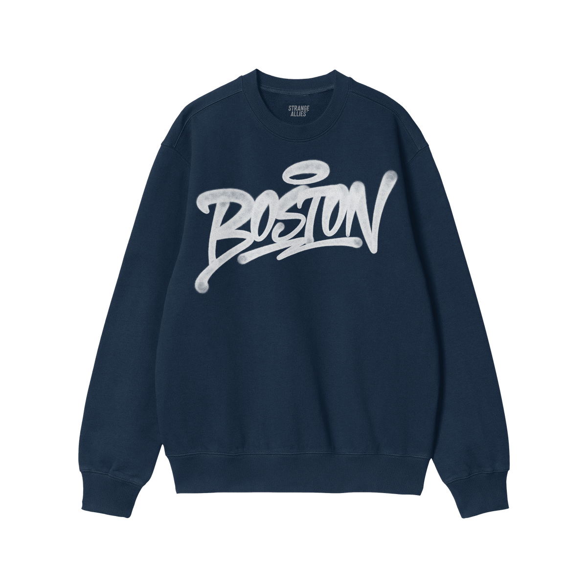 Navy-blue Boston Handstyle Sweatshirt featuring a graffiti-style white BOSTON with a halo over the O, embodying urban attitud