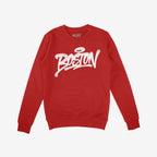 Red crew-neck Boston Handstyle Sweatshirt with graffiti-style script and halo accent, embodying the city's bold spirit. Inner neck label reads “ALLIES.” Perfect for showcasing Boston pride year-round.