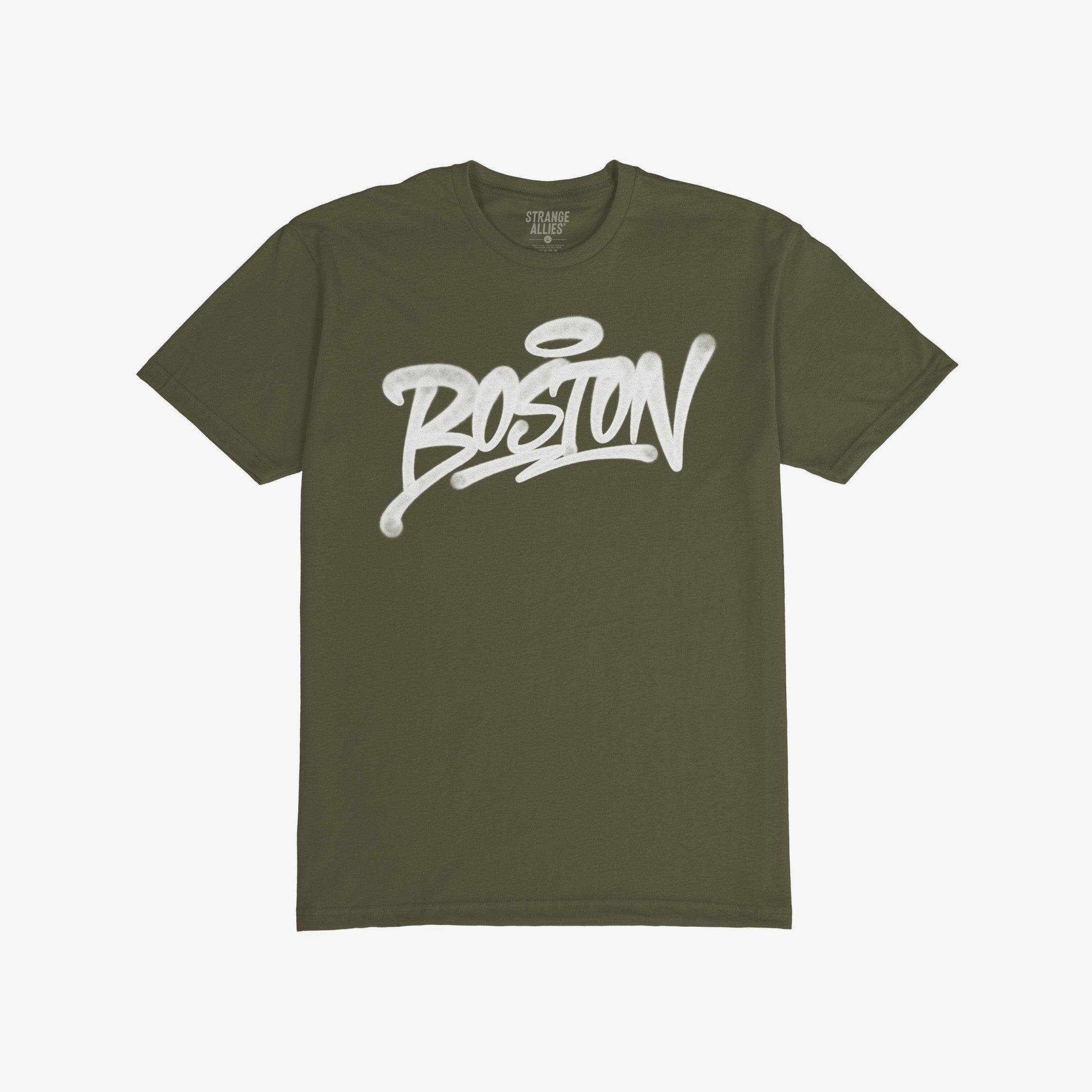 Olive-green Boston Handstyle T-shirt featuring a bold, white graffiti-style BOSTON wordmark with a halo accent, emphasizing urban flair and statement design.