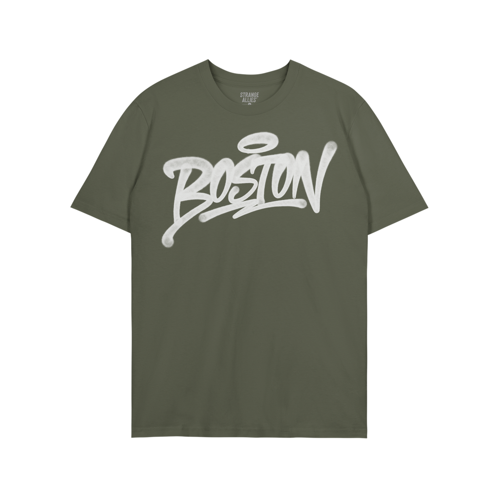 Olive-green Boston Handstyle T-shirt featuring a bold, white graffiti-style BOSTON wordmark with a halo accent, emphasizing u