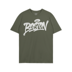 Olive-green Boston Handstyle T-shirt featuring a bold, white graffiti-style BOSTON wordmark with a halo accent, emphasizing u