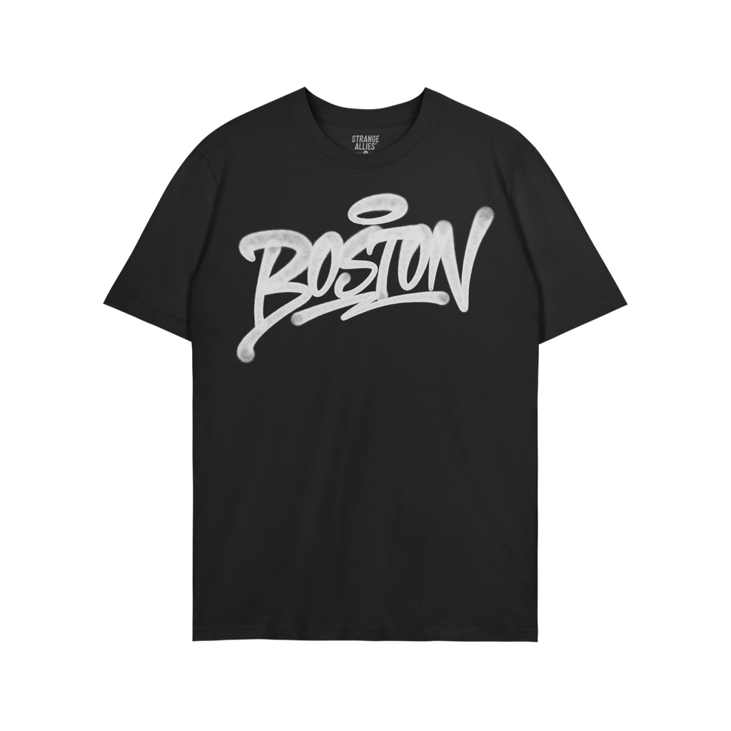 Boston Handstyle T-shirt features BOSTON in white graffiti script with a halo accent on a black crew-neck tee, reflecting a b