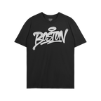 Boston Handstyle T-shirt features BOSTON in white graffiti script with a halo accent on a black crew-neck tee, reflecting a b
