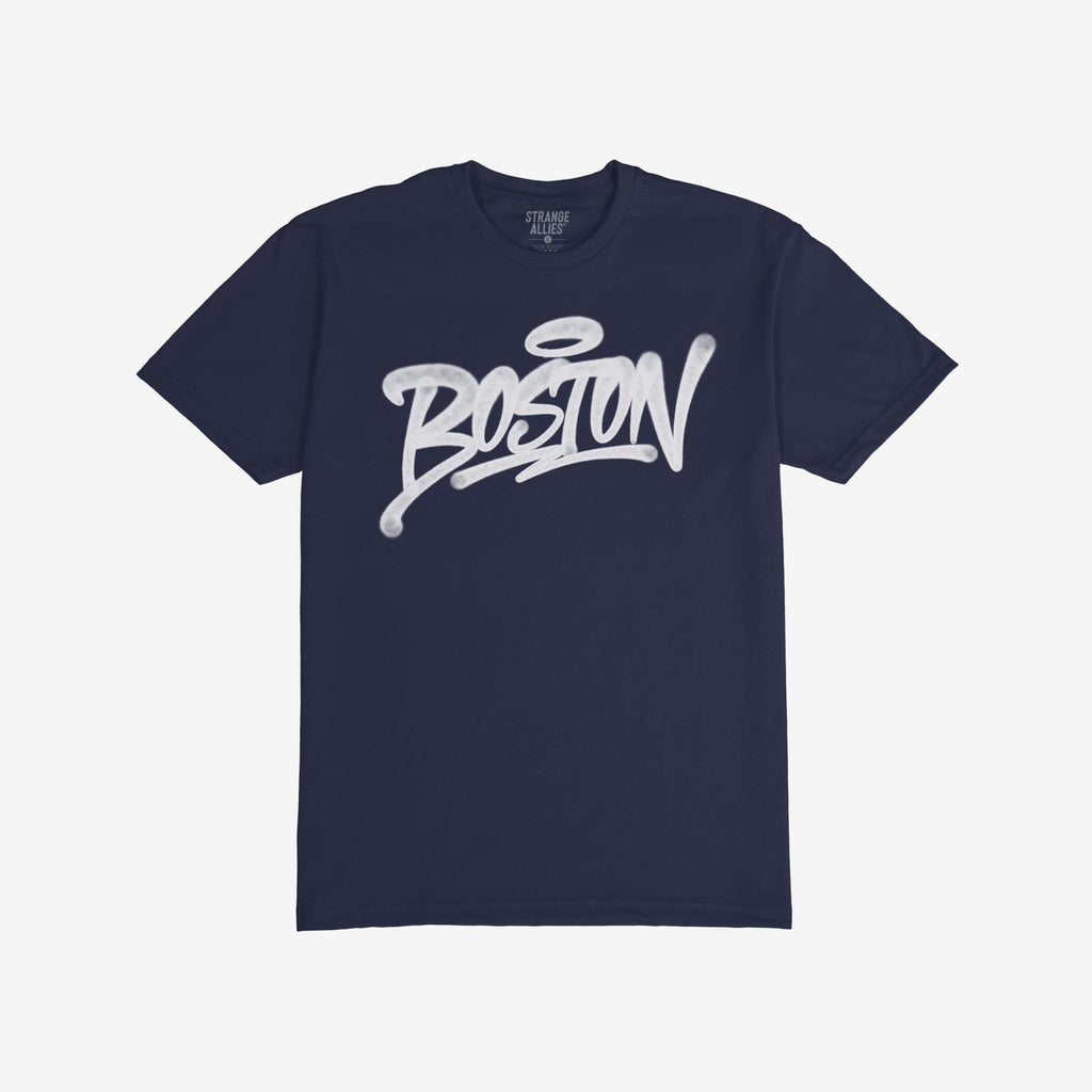 Boston Handstyle T-shirt in dark navy, featuring bold white graffiti script Boston on chest, embodies the city's essence. Brand label: Strange Allies inside collar.