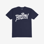 Boston Handstyle T-shirt in dark navy, featuring bold white graffiti script Boston on chest, embodies the city's essence. Brand label: Strange Allies inside collar.