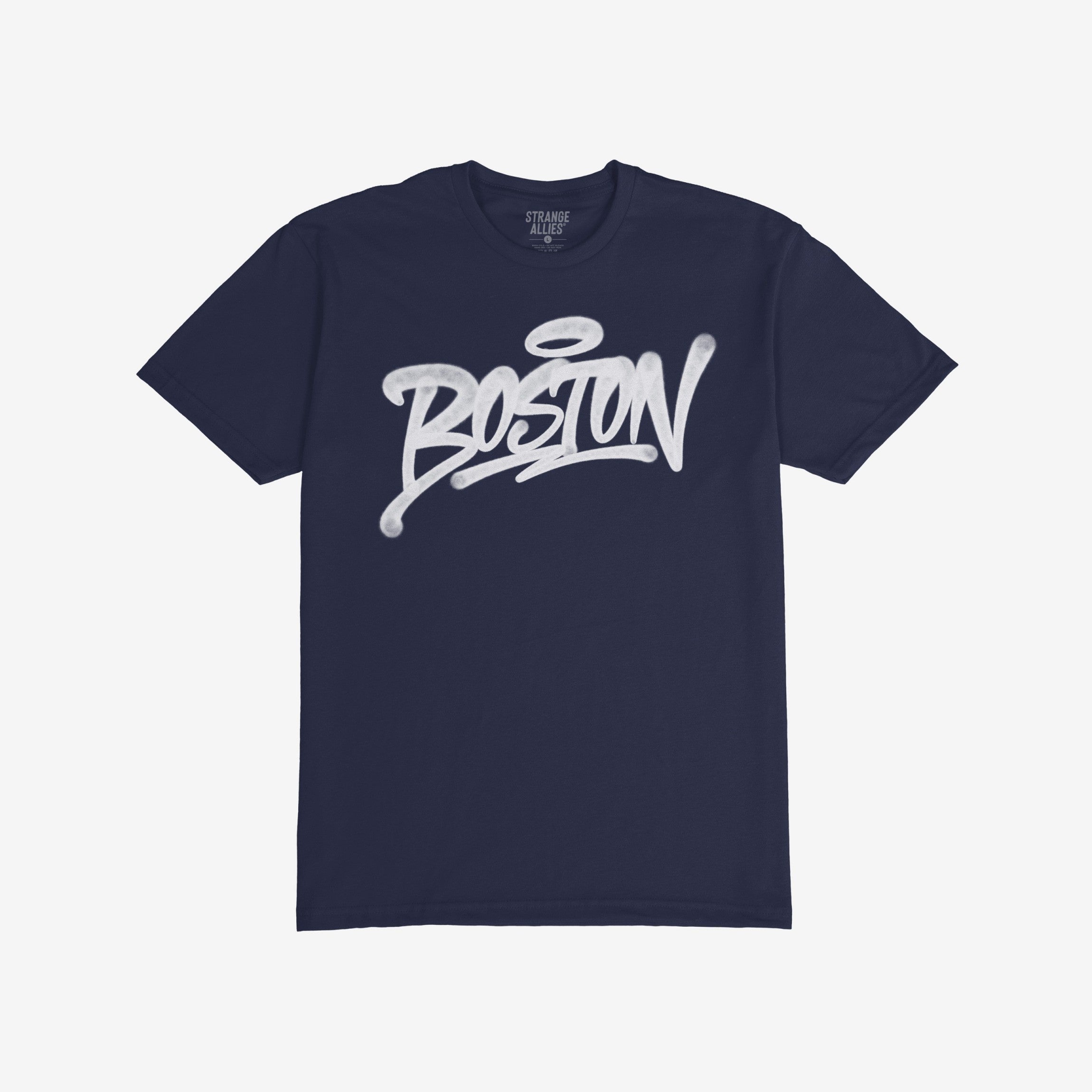 Boston Handstyle T-shirt in dark navy, featuring bold white graffiti script Boston on chest, embodies the city's essence. Brand label: Strange Allies inside collar.