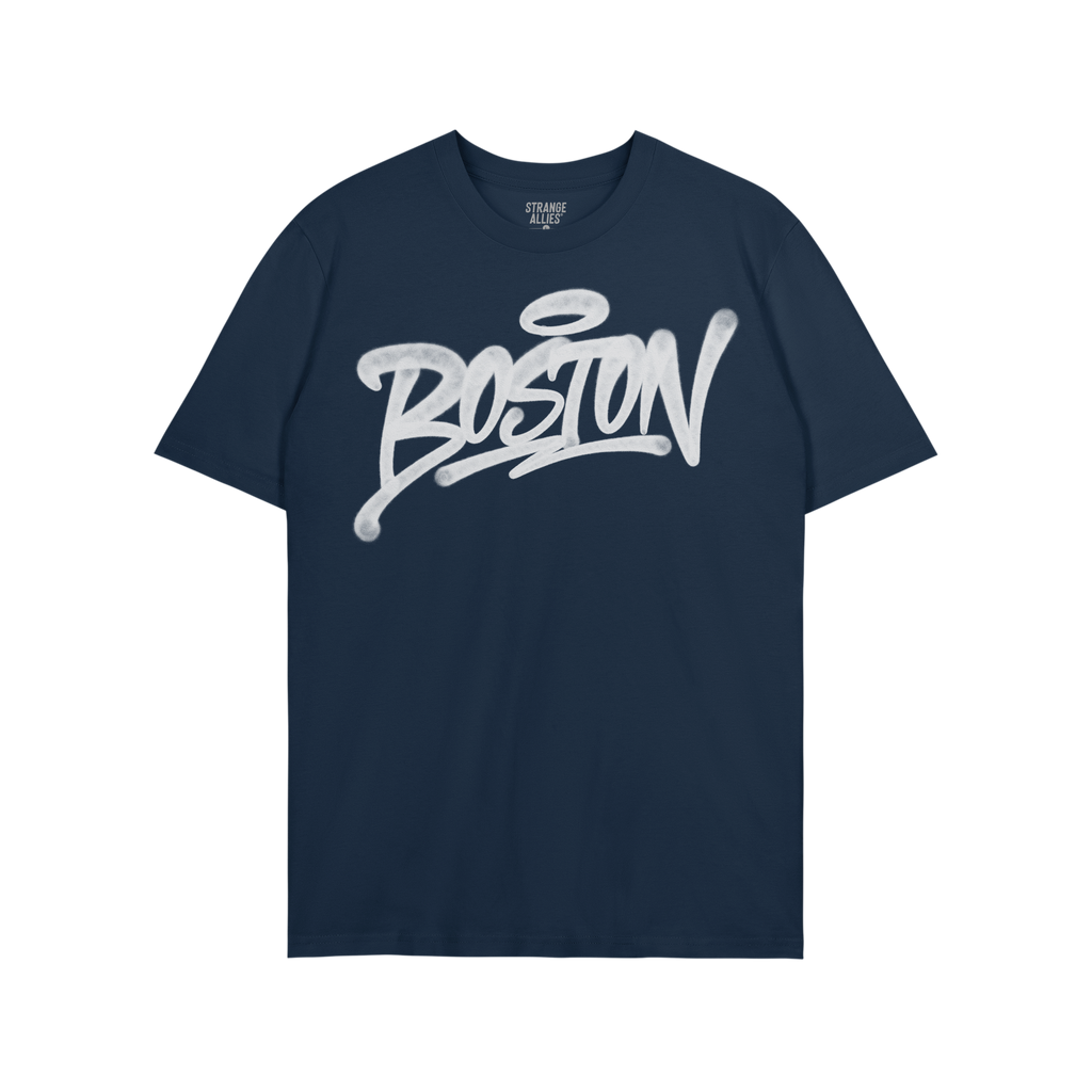 Boston Handstyle T-shirt in dark navy, featuring bold white graffiti script Boston on chest, embodies the city's essence. Bra